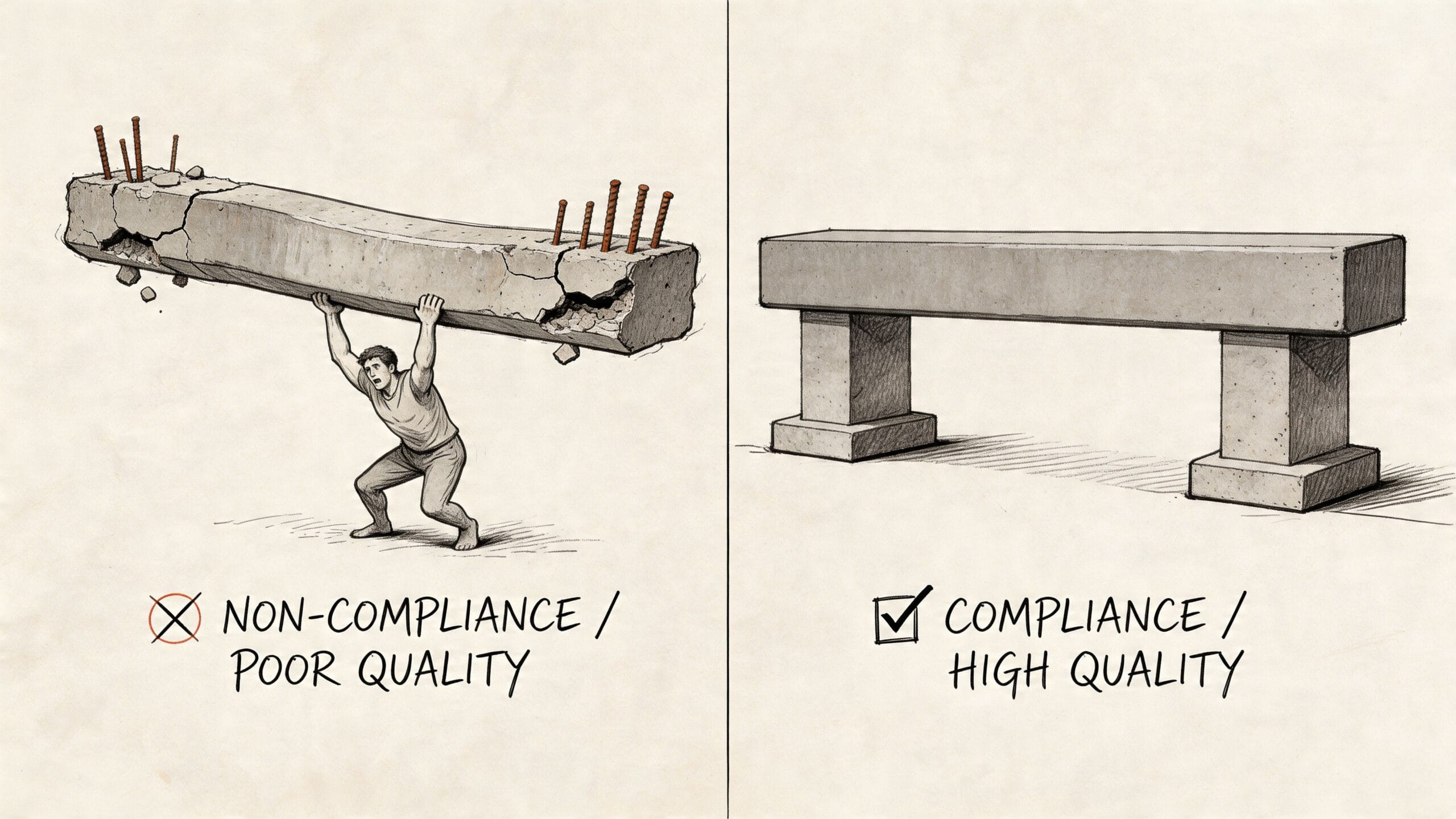 Comparación ilustrada entre una vigueta de hormigón en mal estado y una estructura de alta calidad correctamente instalada.