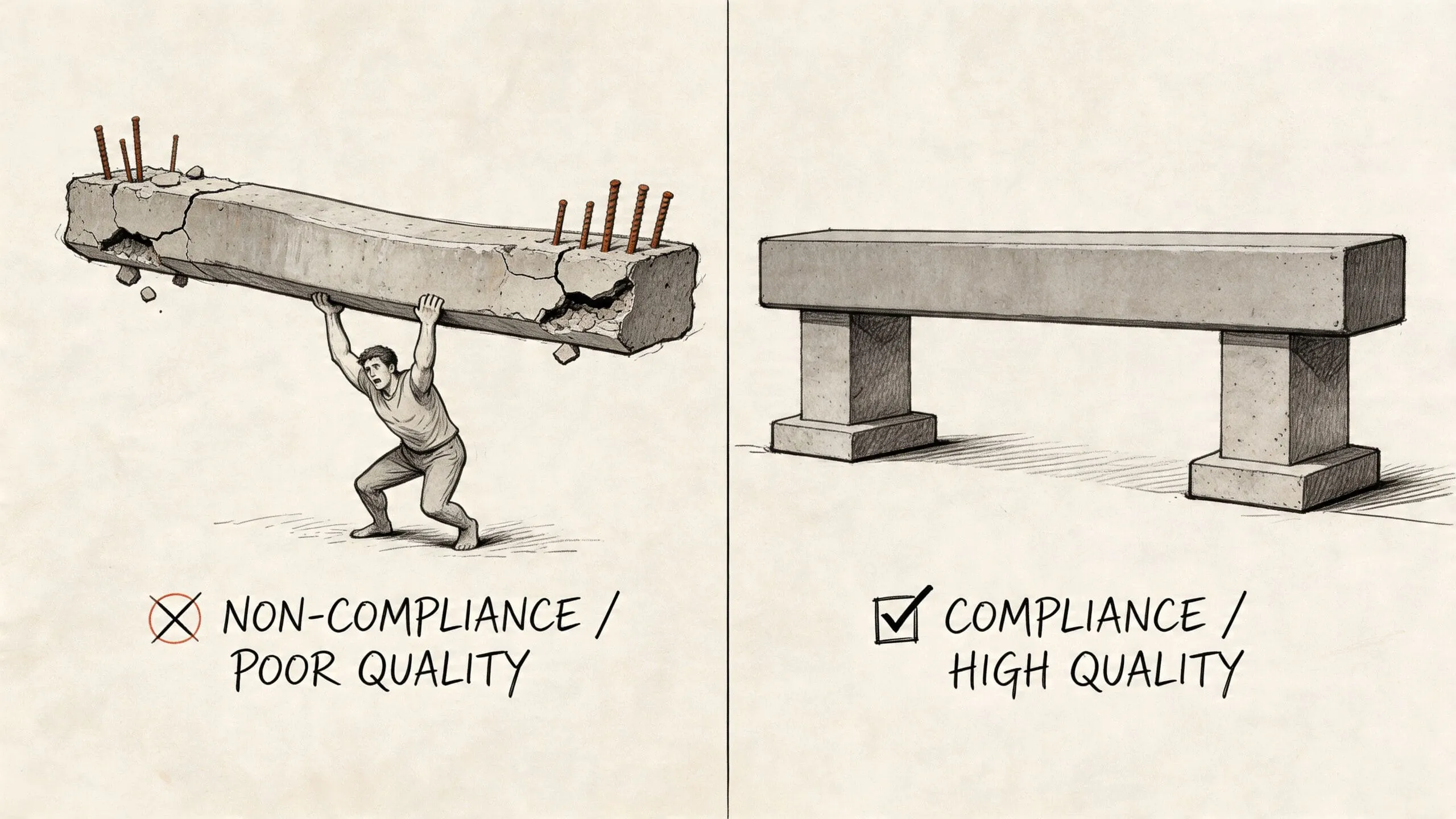 Comparación ilustrada entre una vigueta de hormigón en mal estado y una estructura de alta calidad correctamente instalada.
