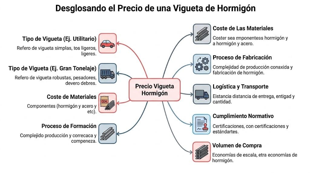 Mapa conceptual que desglosa los factores que influyen en el precio de una vigueta de hormigón.