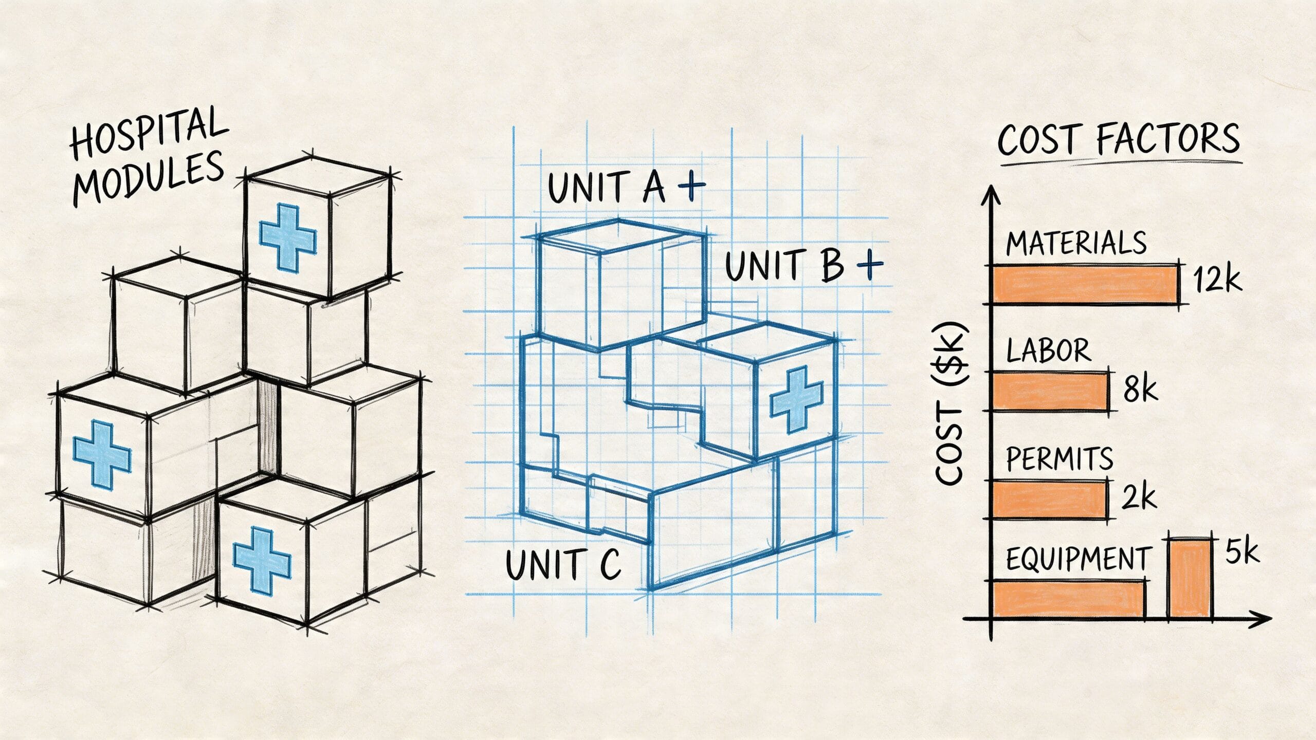 Representación esquemática de módulos hospitalarios prefabricados, unidades de construcción y un gráfico de factores de costos.