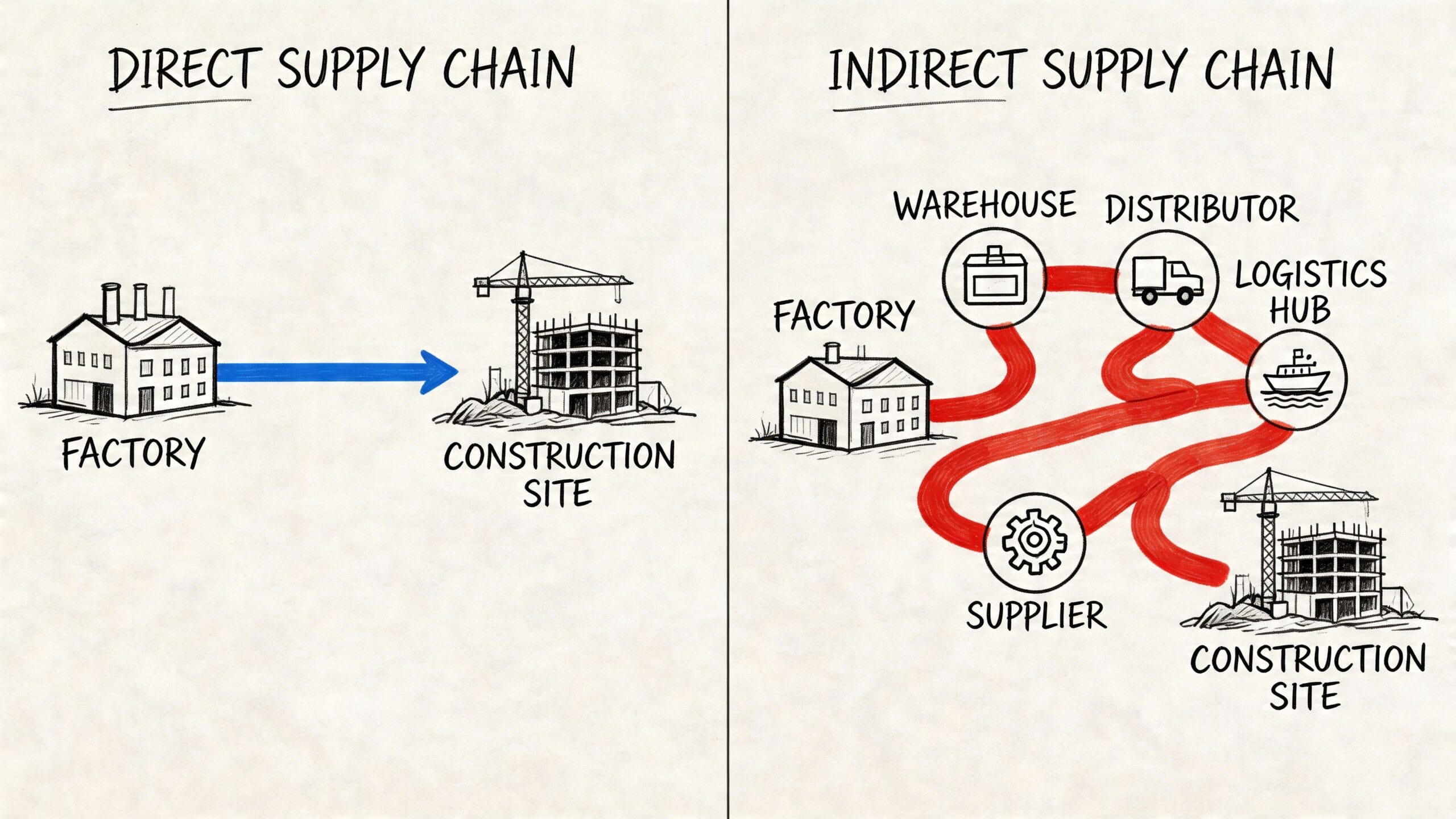 Diagrama comparativo que ilustra la cadena de suministro directa frente a la indirecta en construcción.