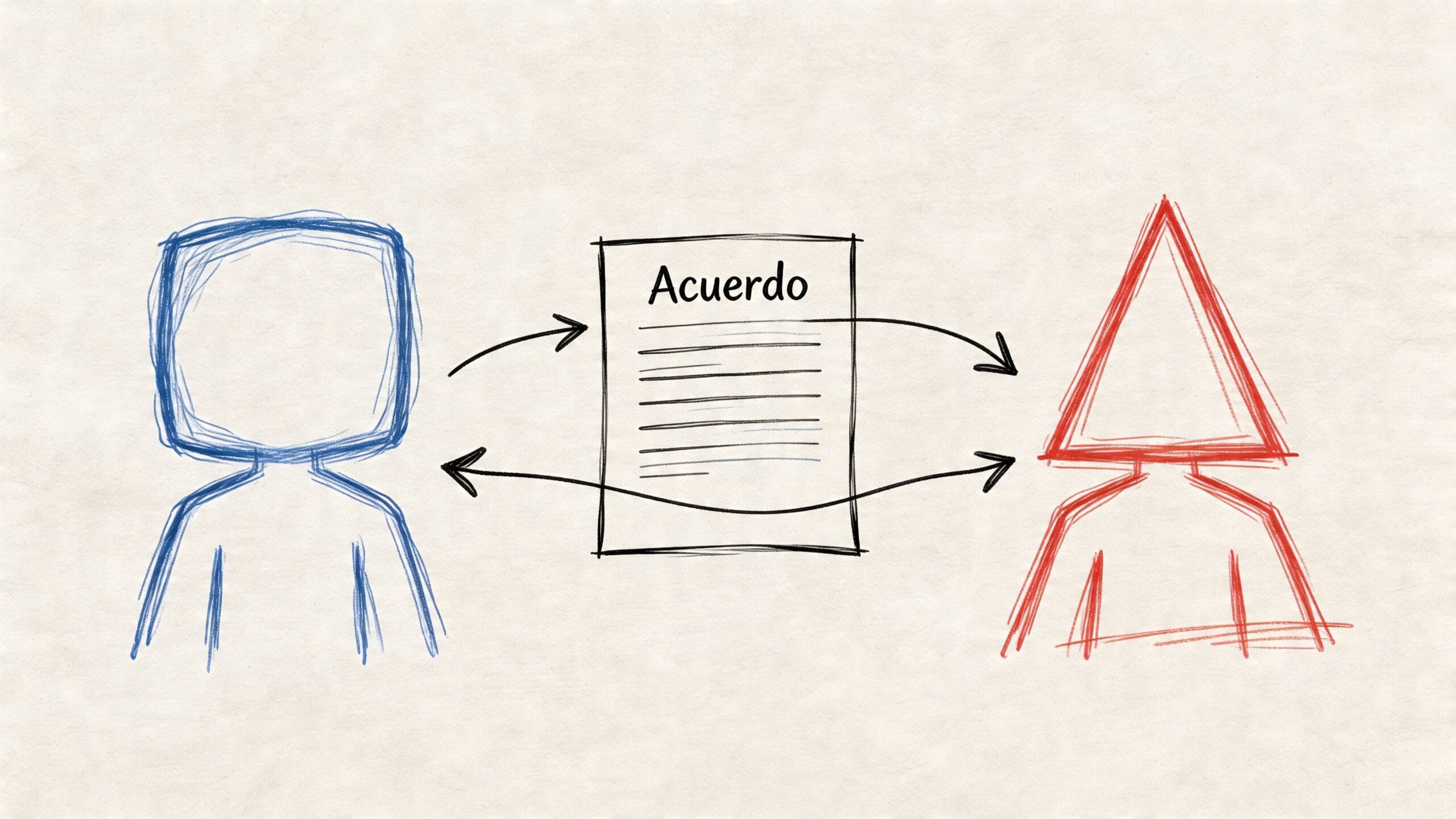 Representación esquemática de un acuerdo formal entre dos partes, una representada con azul y otra con rojo.