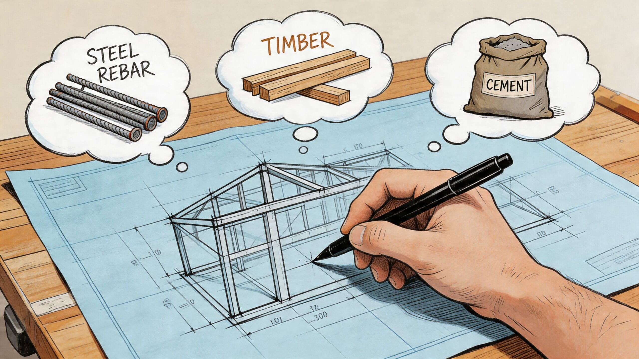 Una mano dibujando planos de arquitectura junto a iconos de acero, madera y cemento para construcción.