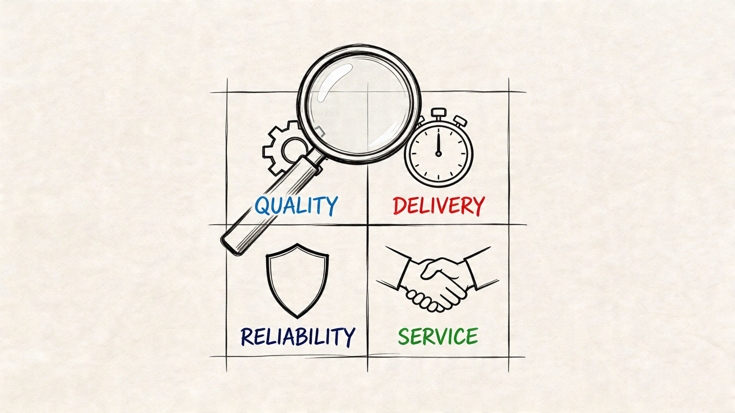 Representación gráfica de cuatro pilares empresariales esenciales: calidad, entrega, fiabilidad y servicio, ilustrados con iconos sencillos.