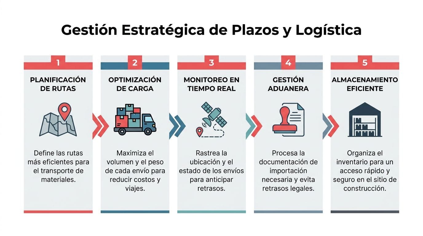 Infografía sobre la gestión estratégica de plazos y logística en el transporte y almacenamiento de materiales de construcción.