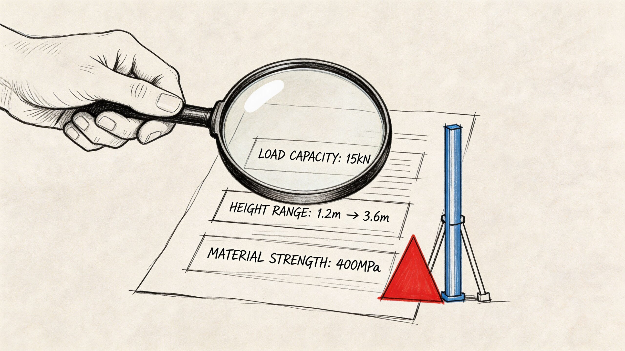 Una mano sostiene una lupa sobre documentos técnicos que detallan las especificaciones de puntales de obra metálicos.