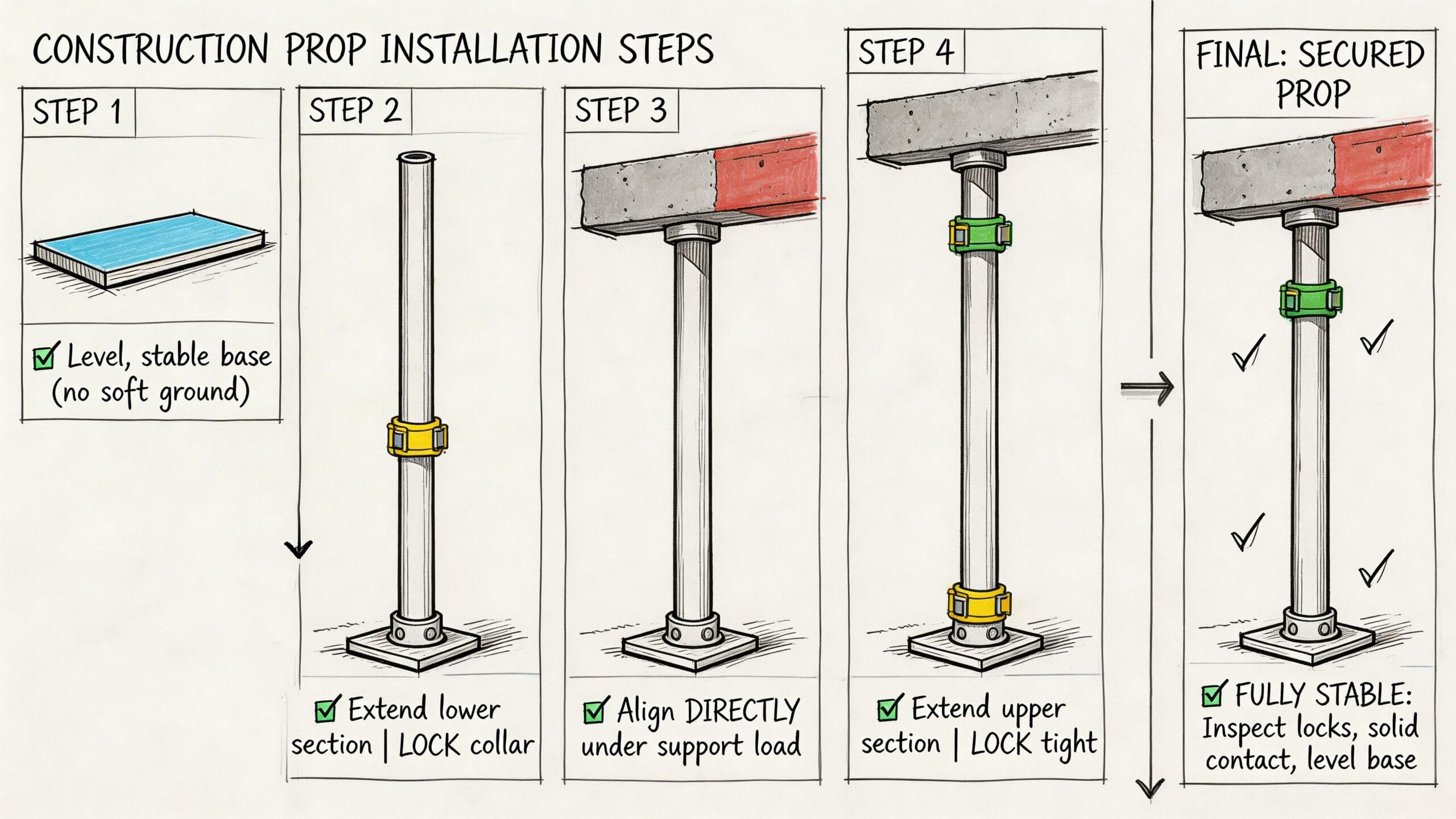 Gráfico que ilustra los cuatro pasos detallados para la instalación segura y correcta de puntales de obra.