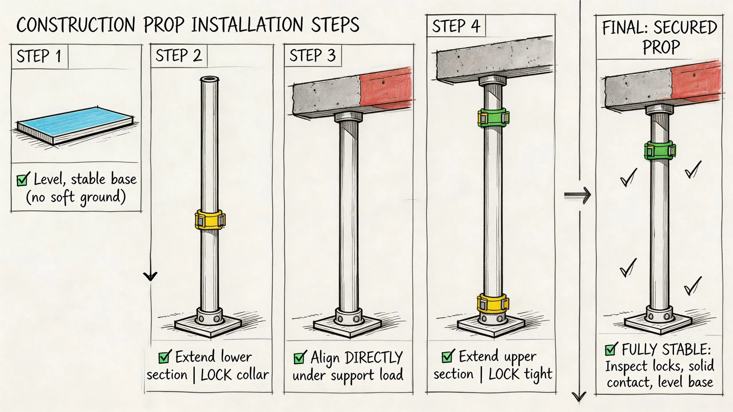 Gráfico que ilustra los cuatro pasos detallados para la instalación segura y correcta de puntales de obra.