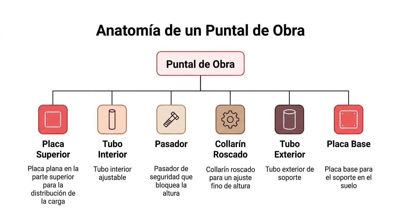Diagrama detallado que explica la anatomía y los componentes principales de un puntal de obra metálico.