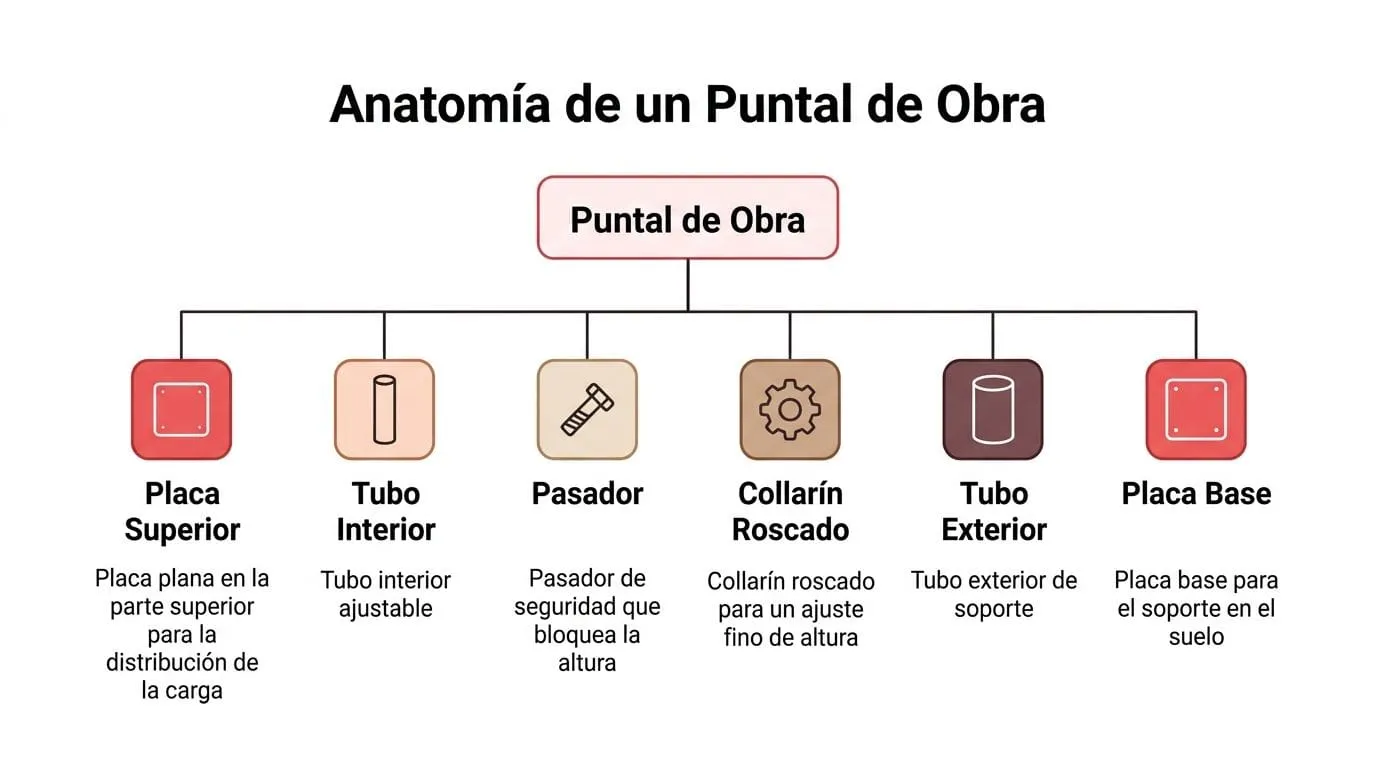 Diagrama detallado que explica la anatomía y los componentes principales de un puntal de obra metálico.