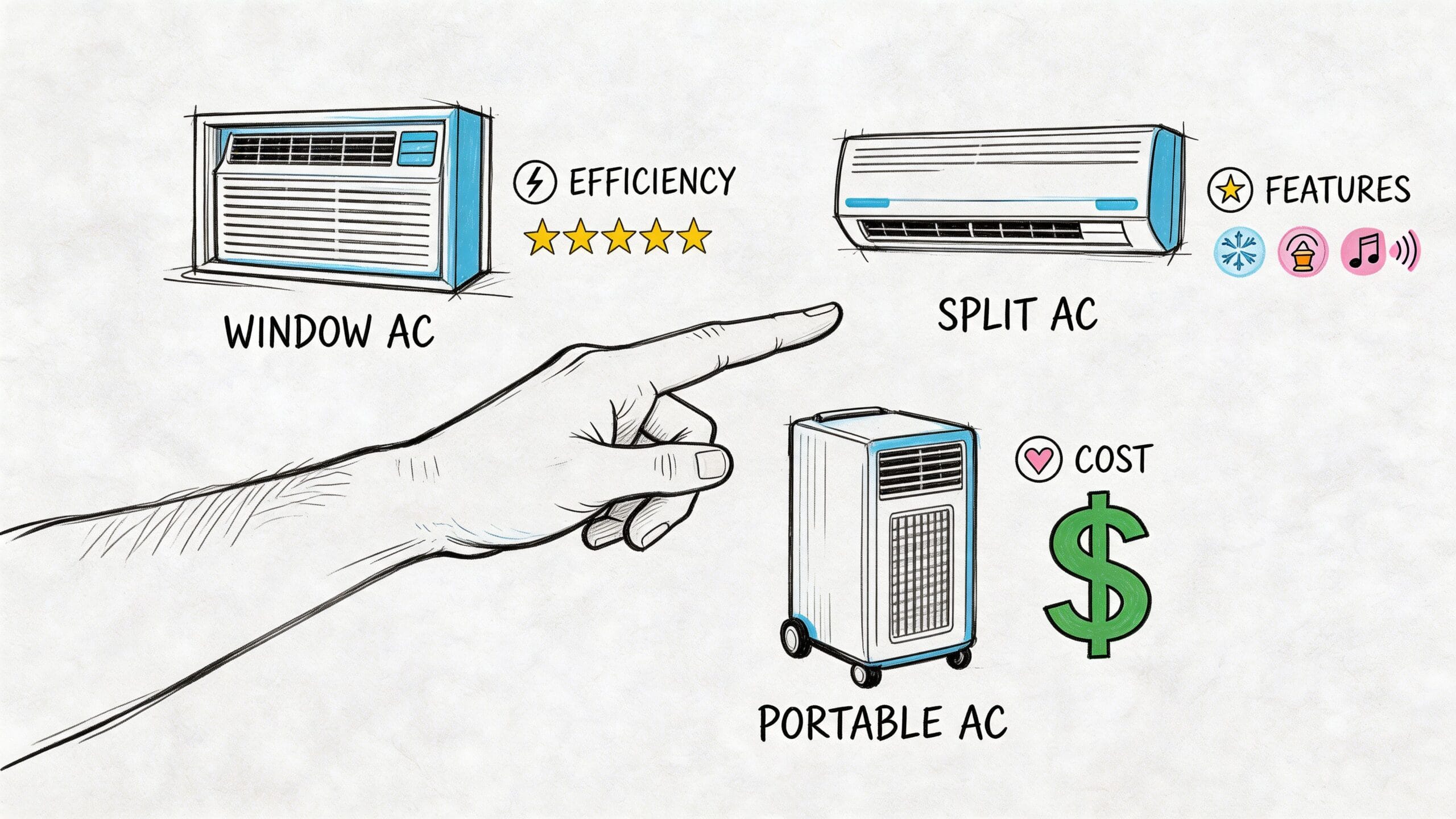 Ilustración que compara tres tipos de aires acondicionados: ventana, split y portátil, resaltando eficiencia, características y costo.