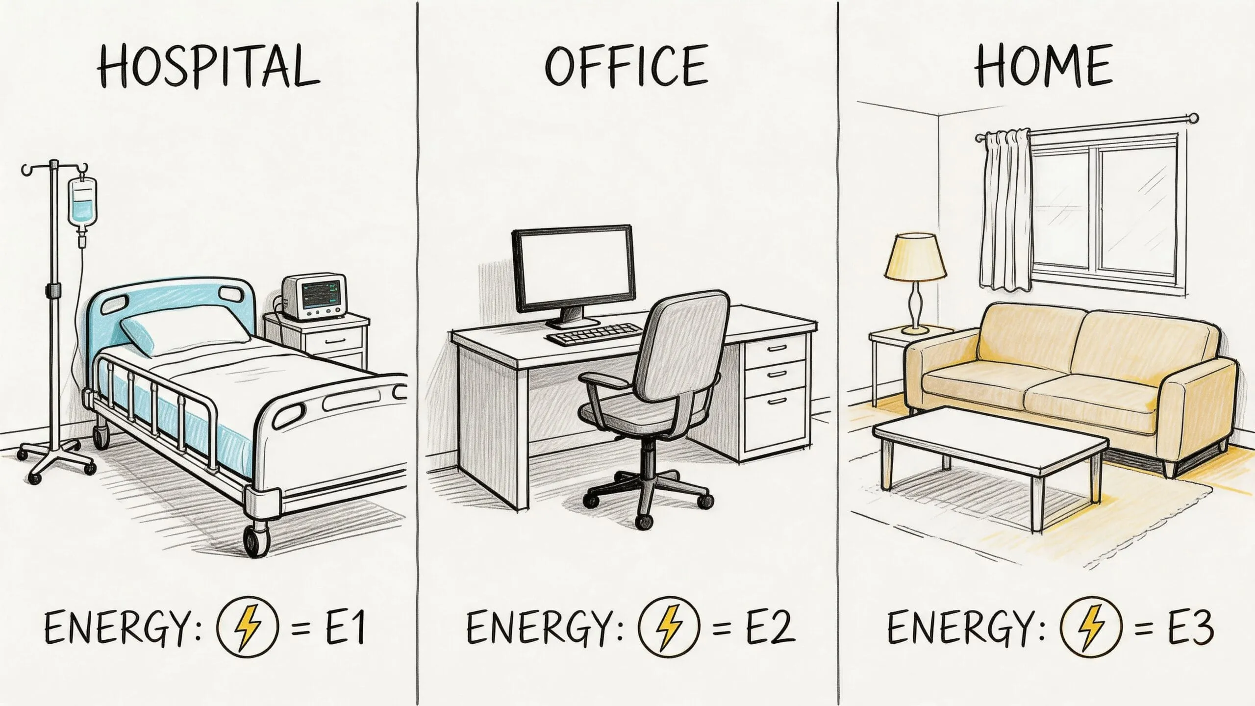 Una ilustración dividida en tres partes mostrando consumo de energía en un hospital, oficina y hogar.