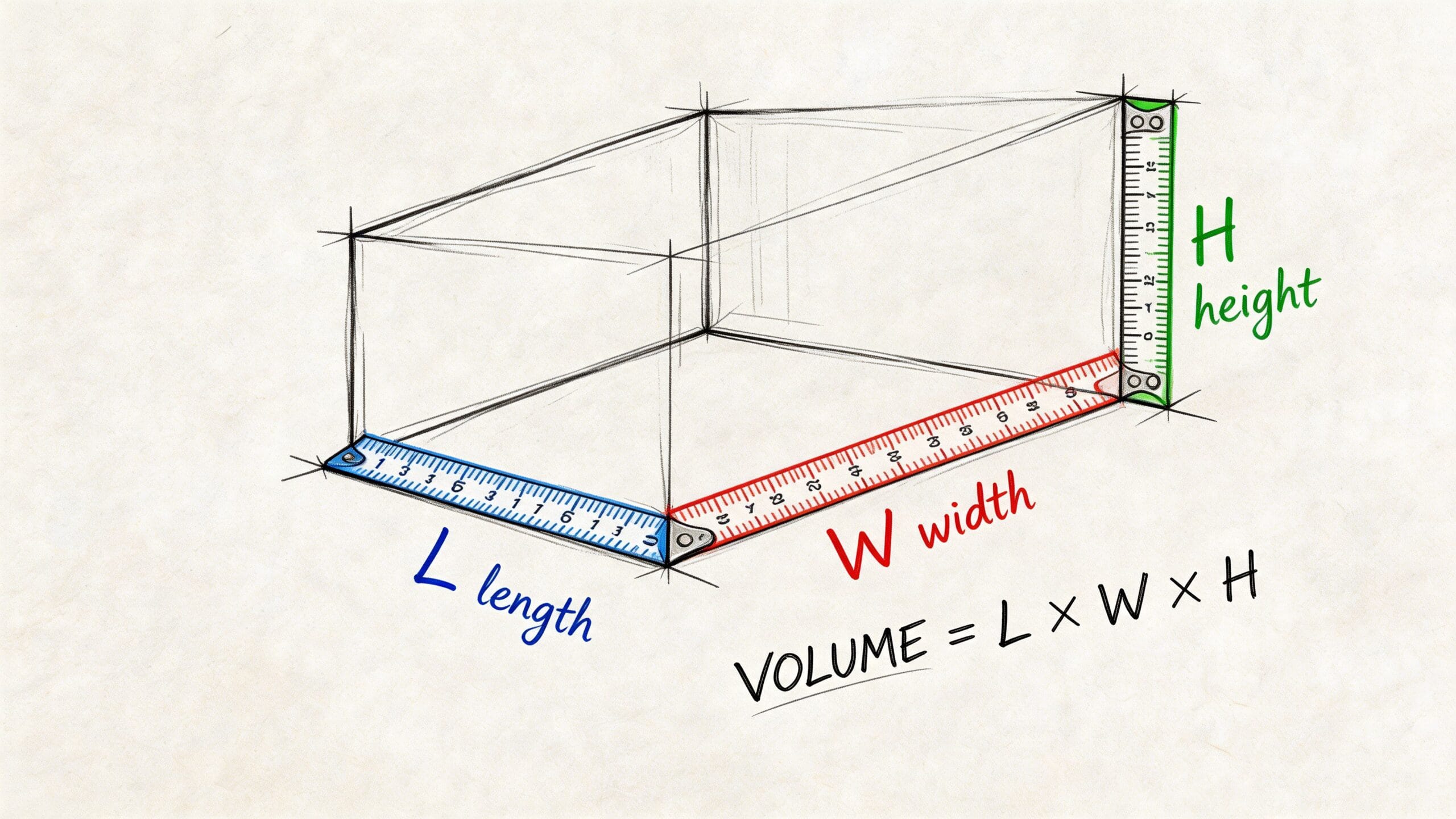 Esquema ilustrativo de un prisma rectangular mostrando sus dimensiones de largo, ancho y alto para calcular volumen.