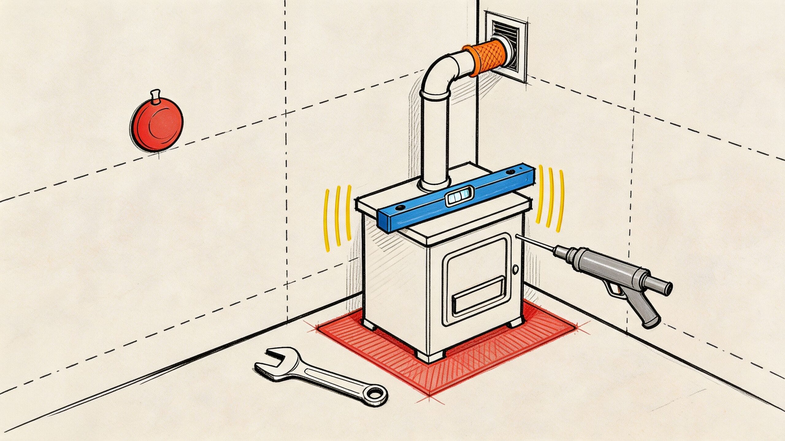 Ilustración de la instalación de una estufa de leña en una esquina con herramientas y nivel.