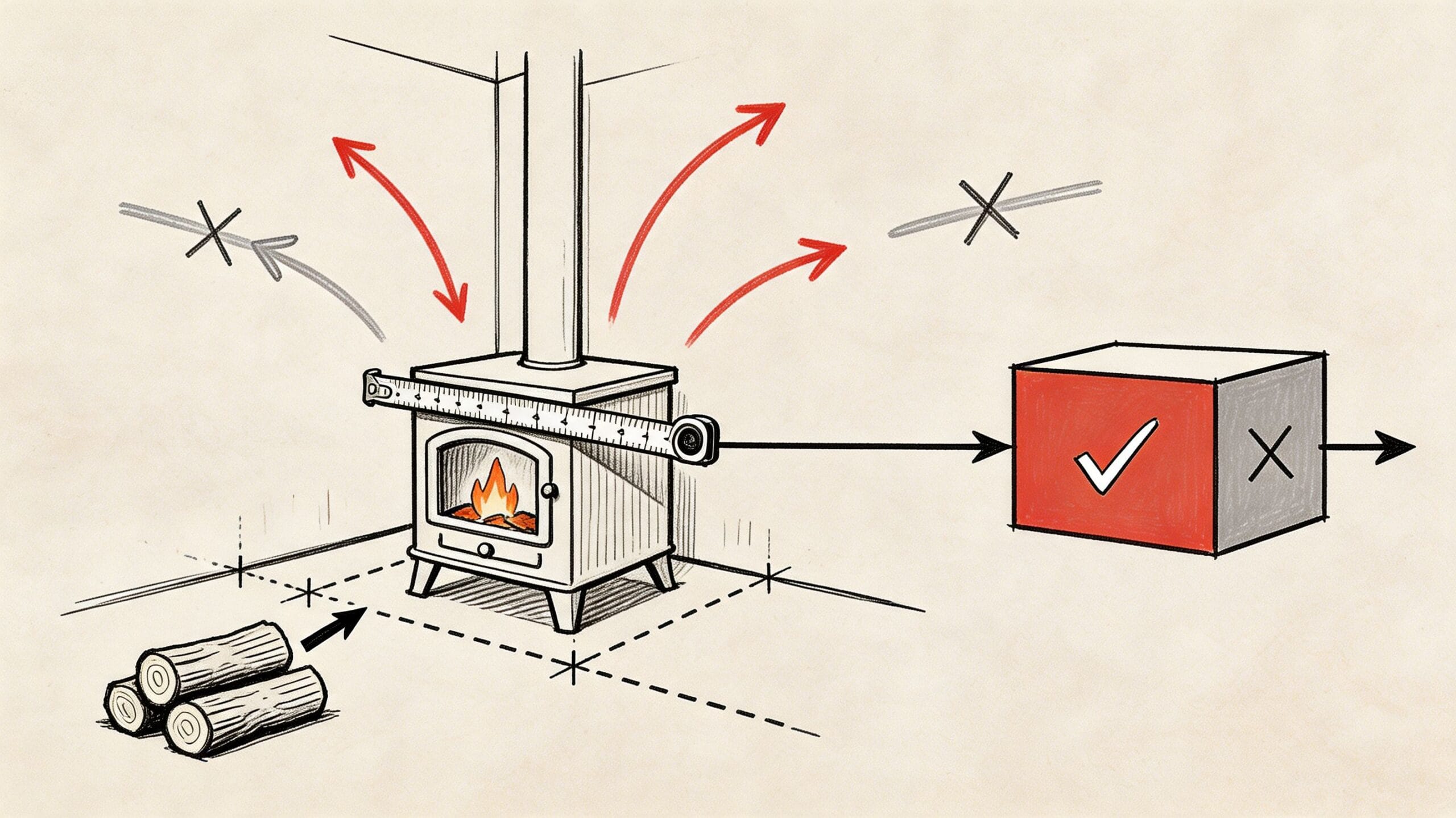 Ilustración que muestra la medición de una estufa de leña de rincón instalada correctamente en casa.