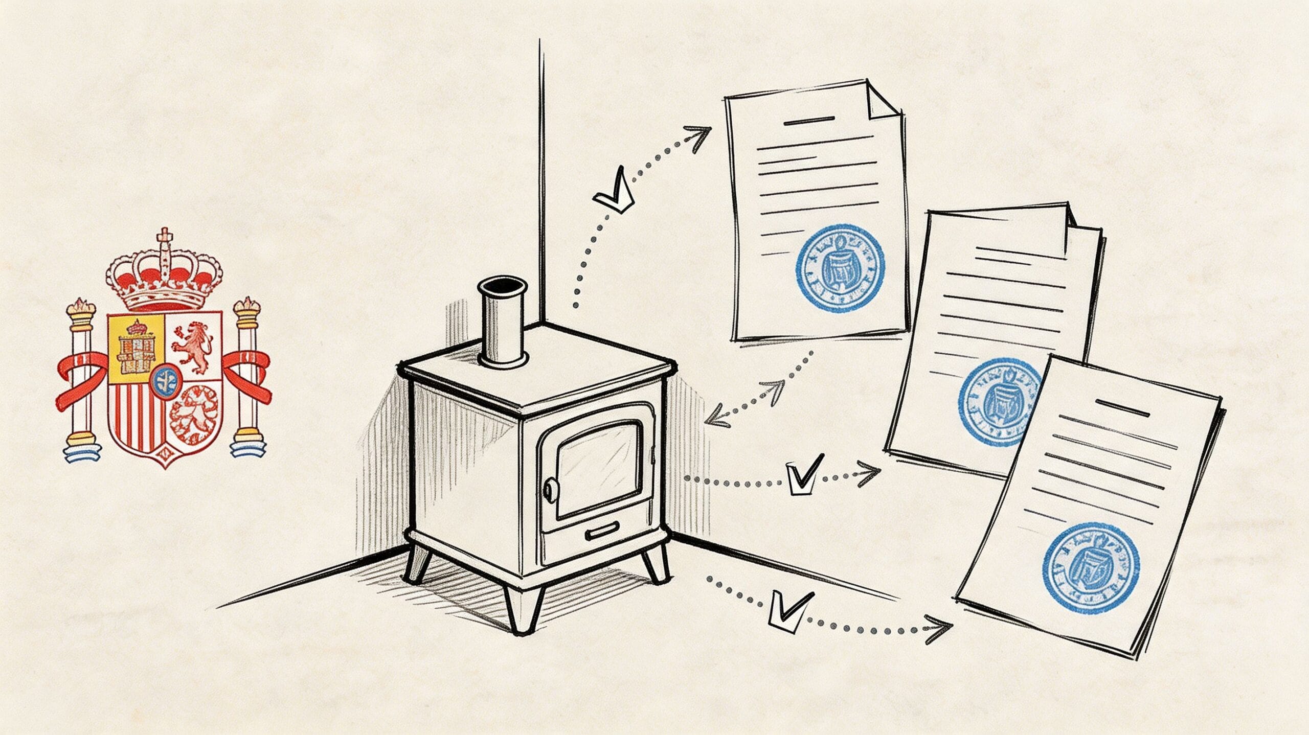 Ilustración de una estufa de leña en una esquina junto a varios documentos oficiales sellados
