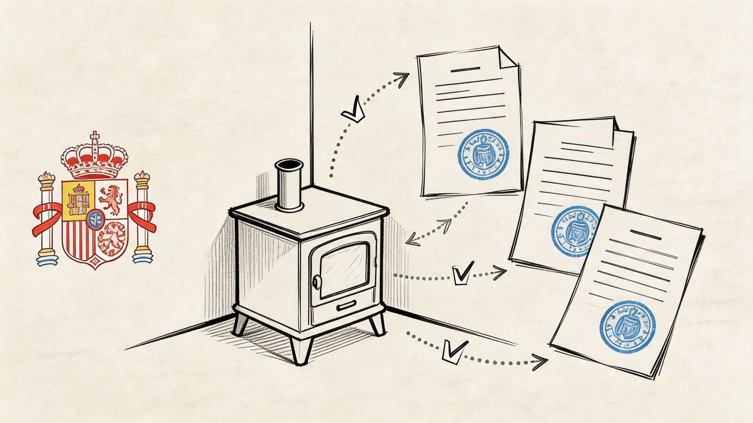 Ilustración de una estufa de leña en una esquina junto a varios documentos oficiales sellados