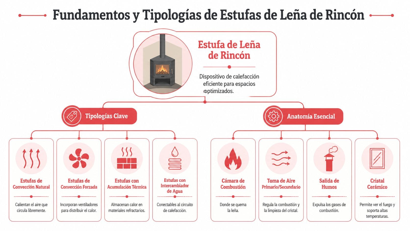 Infografía sobre los fundamentos y diversos tipos de estufas de leña diseñadas específicamente para instalar en rincones.