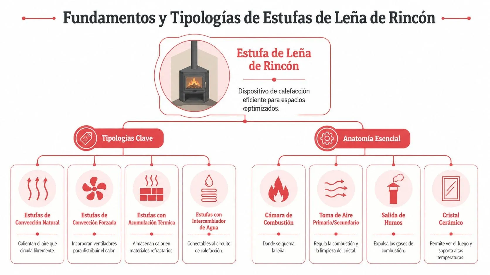 Infografía sobre los fundamentos y diversos tipos de estufas de leña diseñadas específicamente para instalar en rincones.