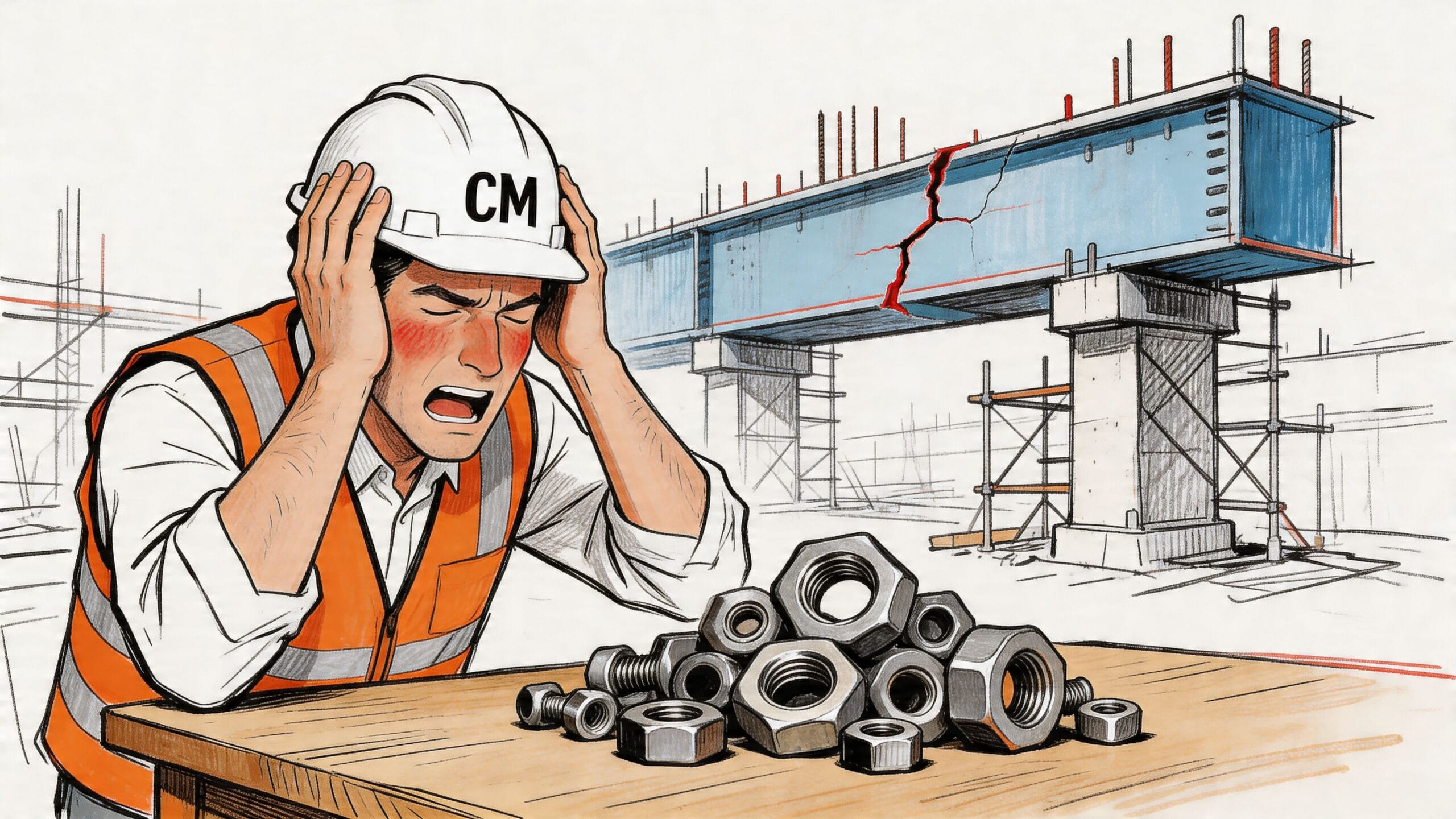 Un gerente de construcción estresado frente a un montón de tuercas con una viga agrietada al fondo.