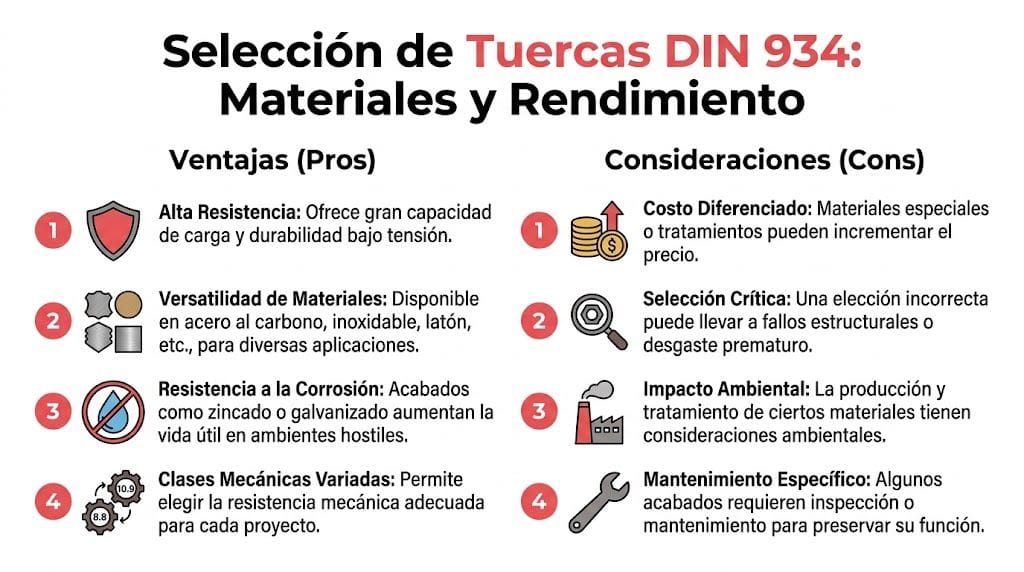 Infografía sobre selección de tuercas DIN 934 detallando sus principales ventajas y consideraciones técnicas importantes.