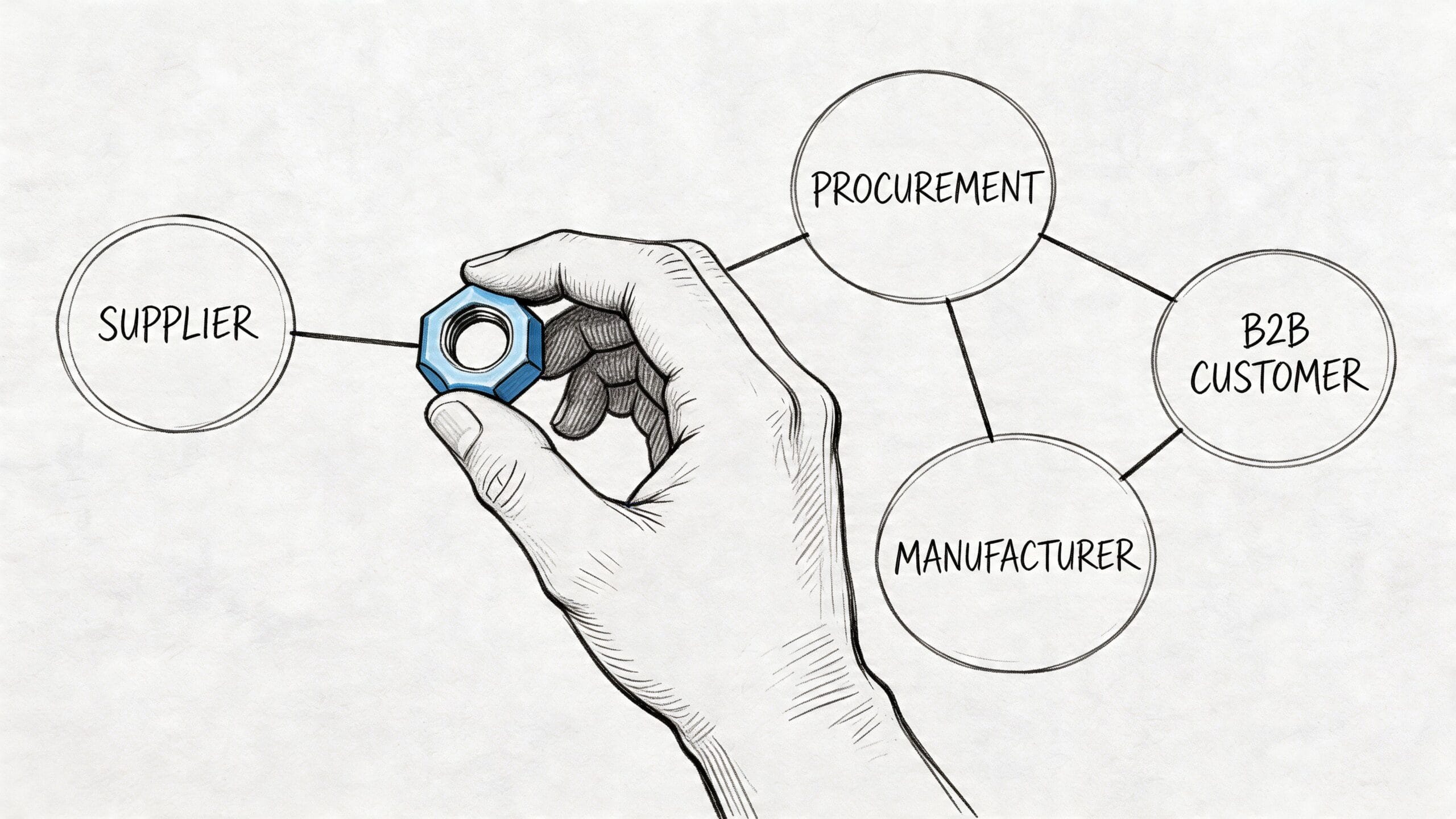 Una mano sosteniendo una tuerca conectando un diagrama de flujo de suministros industriales con proveedores y clientes.