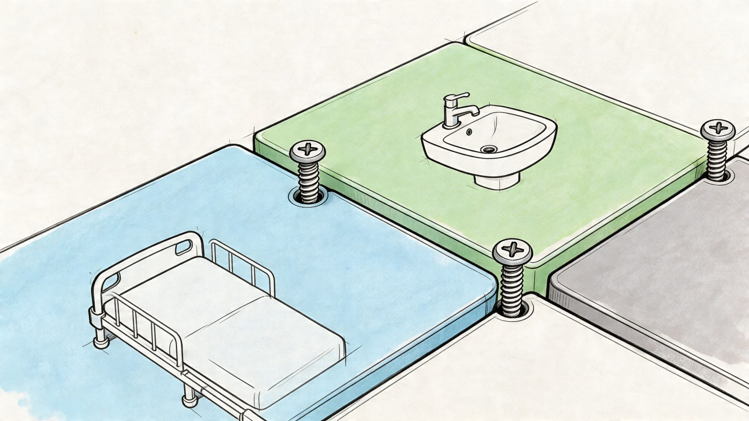 Plataformas modulares con una cama de hospital y un lavabo fijadas mediante tornillos de doble rosca metálicos.