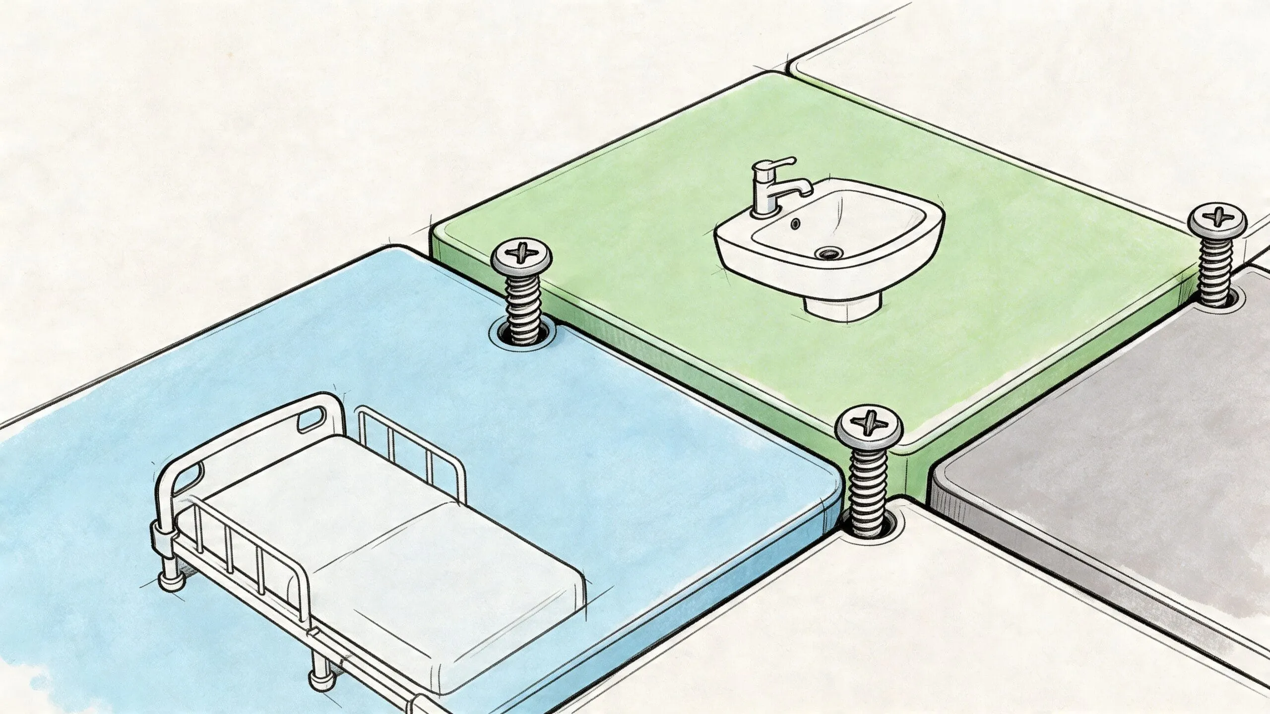 Plataformas modulares con una cama de hospital y un lavabo fijadas mediante tornillos de doble rosca metálicos.