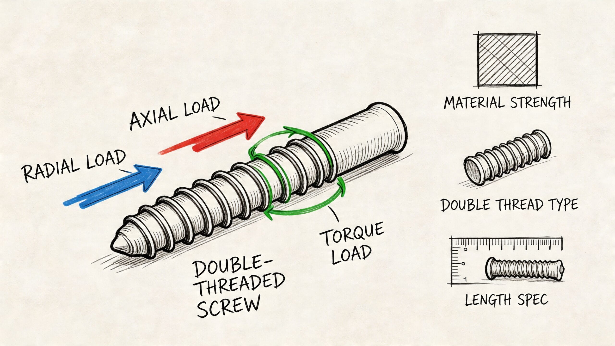 Diagrama técnico que ilustra las cargas de un tornillo de doble rosca, incluyendo fuerzas axiales, radiales y torsión.