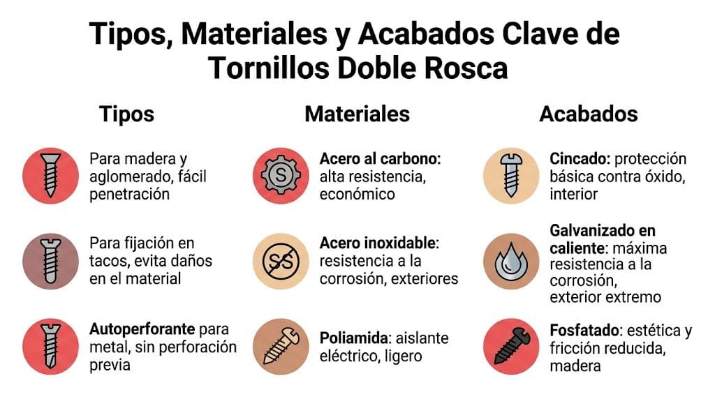 Tabla informativa sobre tipos, materiales y acabados de tornillos doble rosca para diversas aplicaciones de construcción.