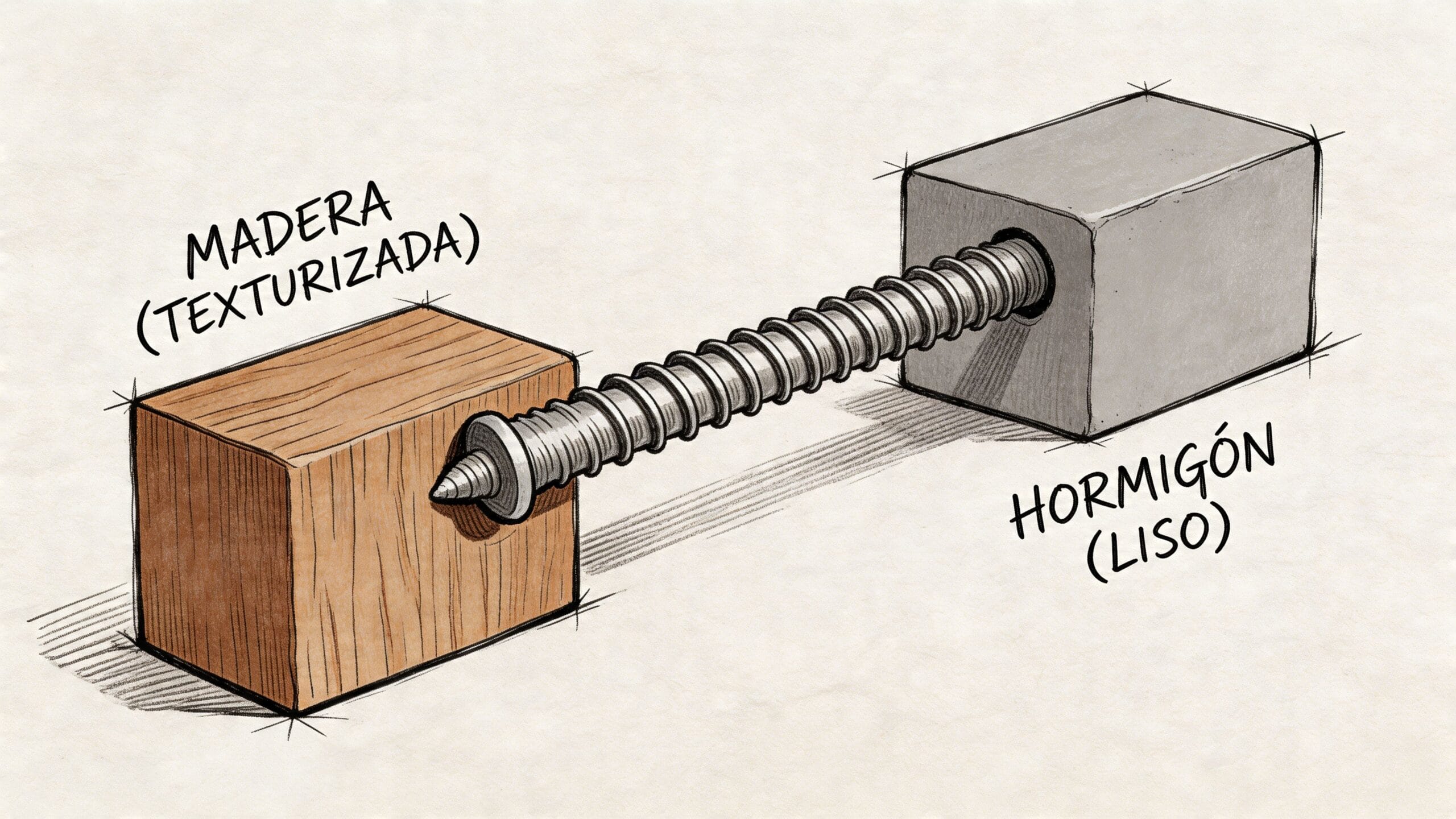 Ilustración técnica mostrando un tornillo de doble rosca uniendo un bloque de madera y uno de hormigón.