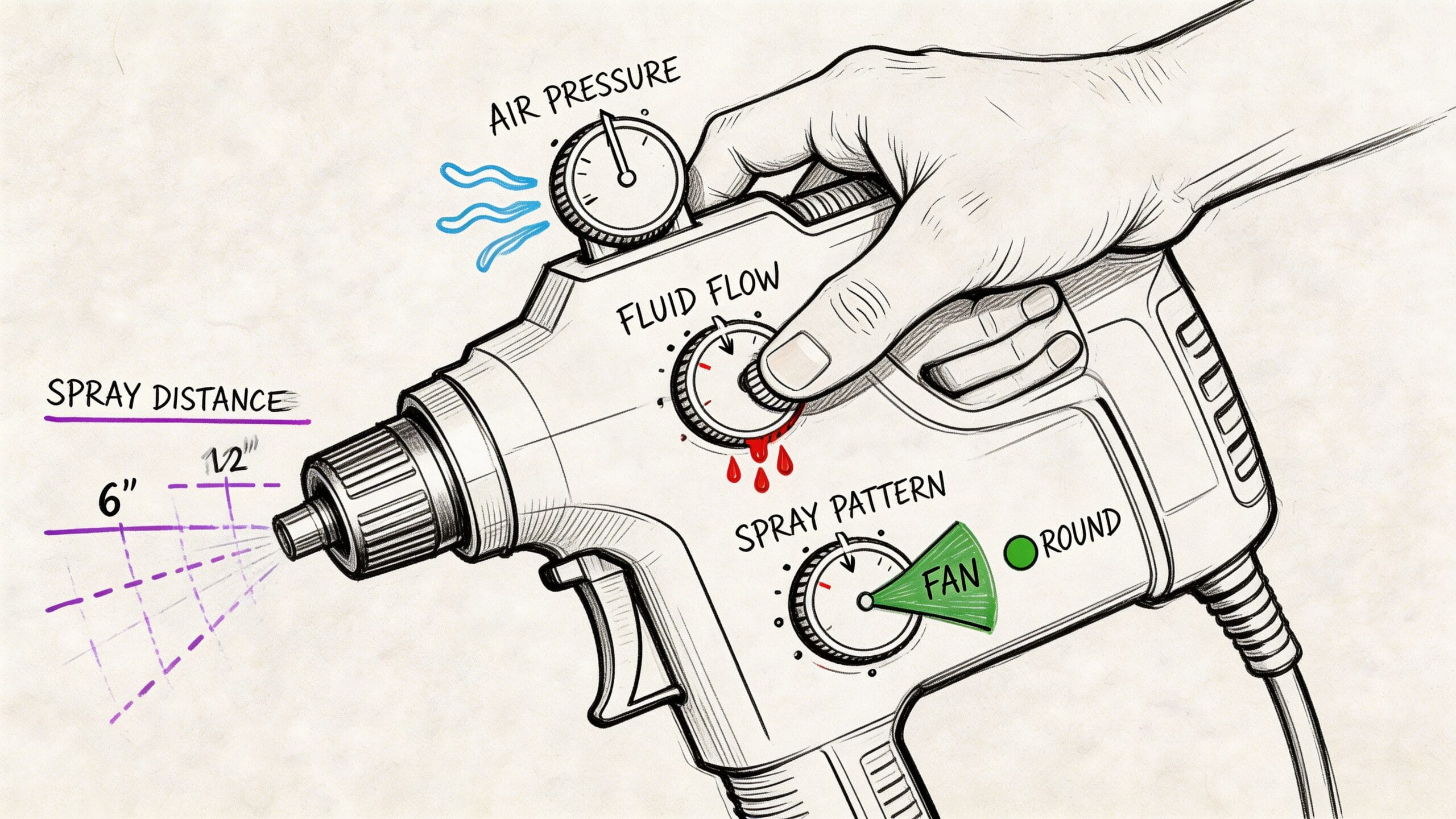 Diagrama técnico que explica los controles principales de una pistola eléctrica para pintar paredes y techos.