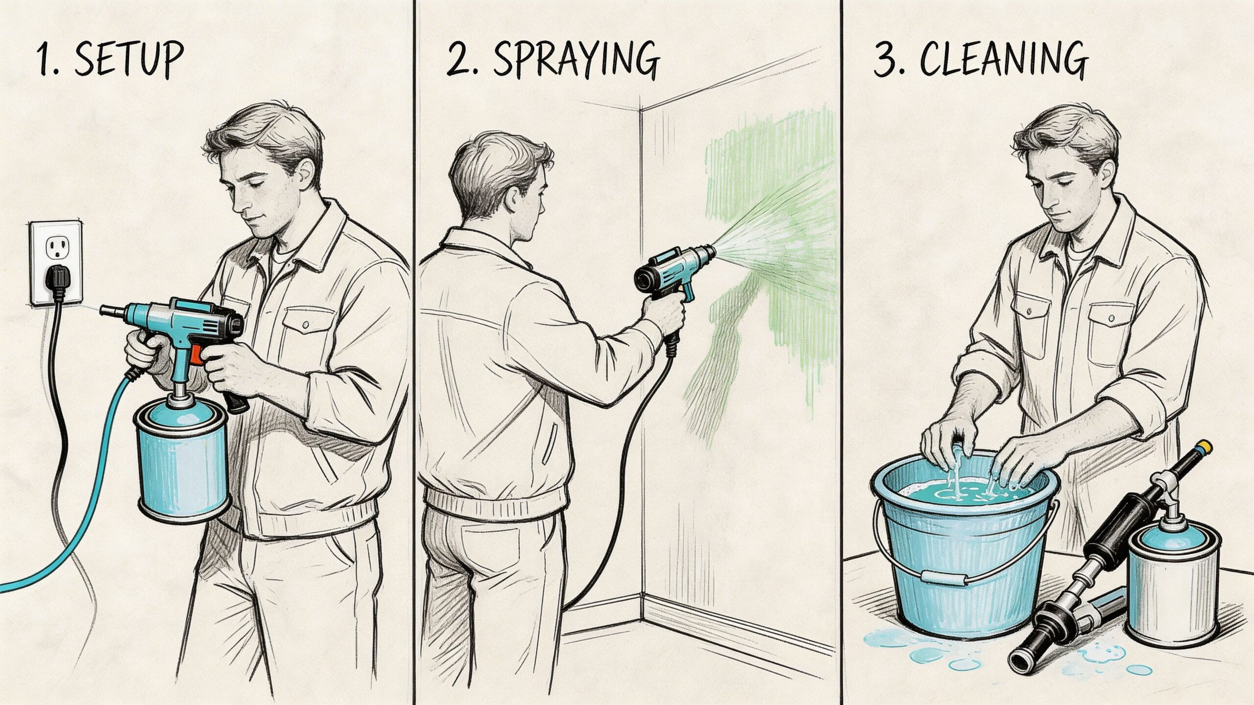Ilustración paso a paso del uso de una pistola eléctrica para pintar paredes y techos fácilmente.