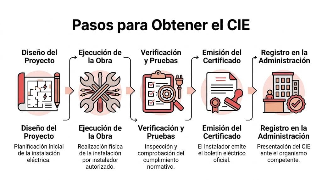 Diagrama de flujo mostrando los cinco pasos necesarios para obtener el certificado de instalación eléctrica oficial.