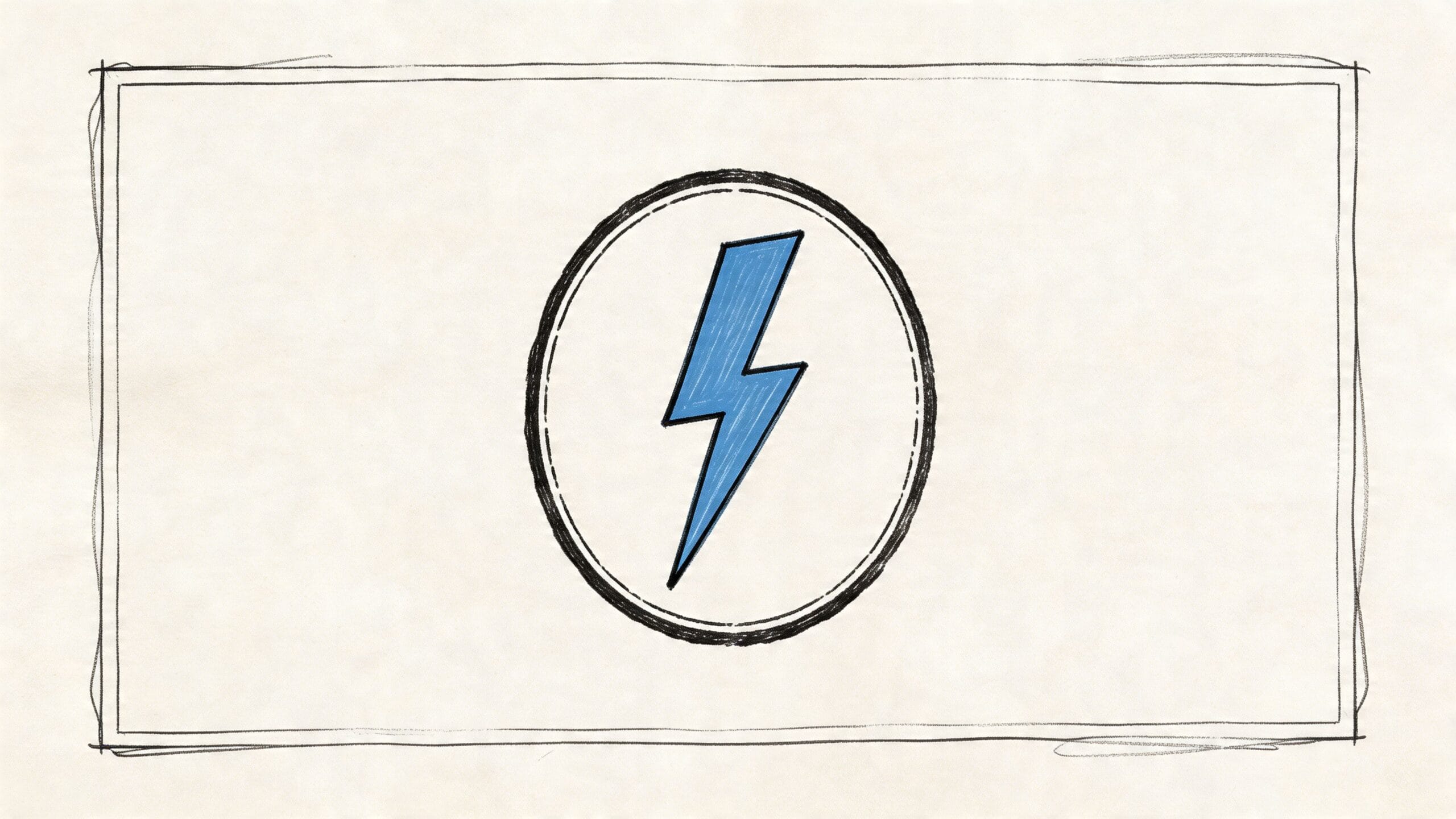 Símbolo de rayo azul dentro de un círculo dibujado a mano sobre un fondo de papel