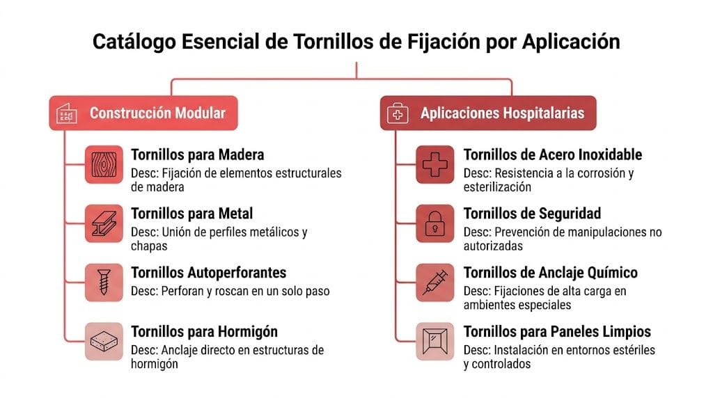 Catálogo esencial de tornillos de fijación clasificados por aplicaciones en construcción modular y entornos hospitalarios.
