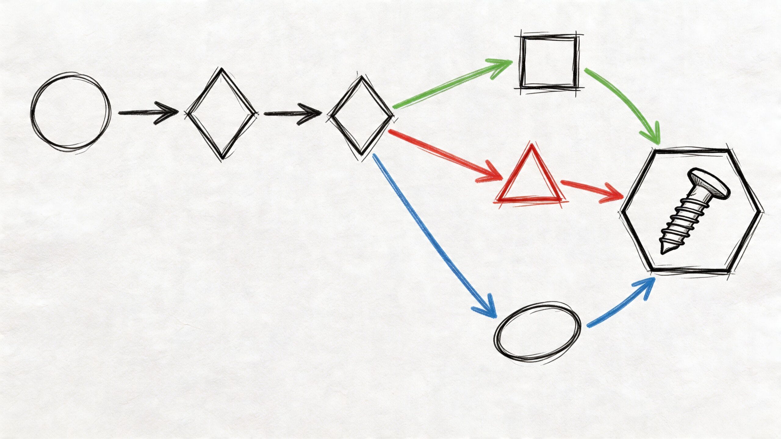 Un diagrama de flujo ilustrado que muestra el proceso paso a paso hacia la fijación de tornillos.