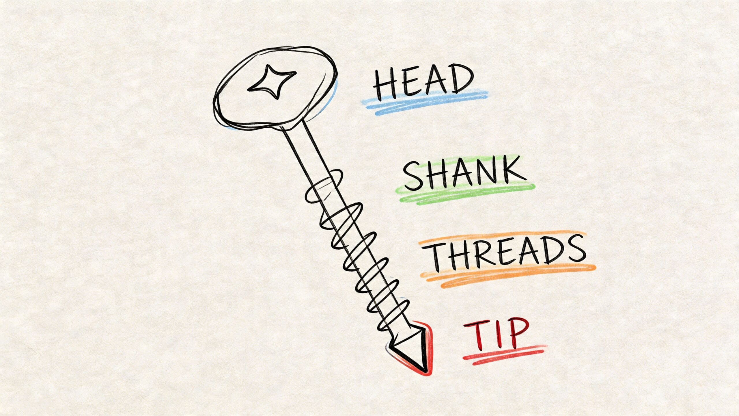 Diagrama de un tornillo de fijación ilustrado con sus partes principales etiquetadas en inglés sobre fondo texturizado.