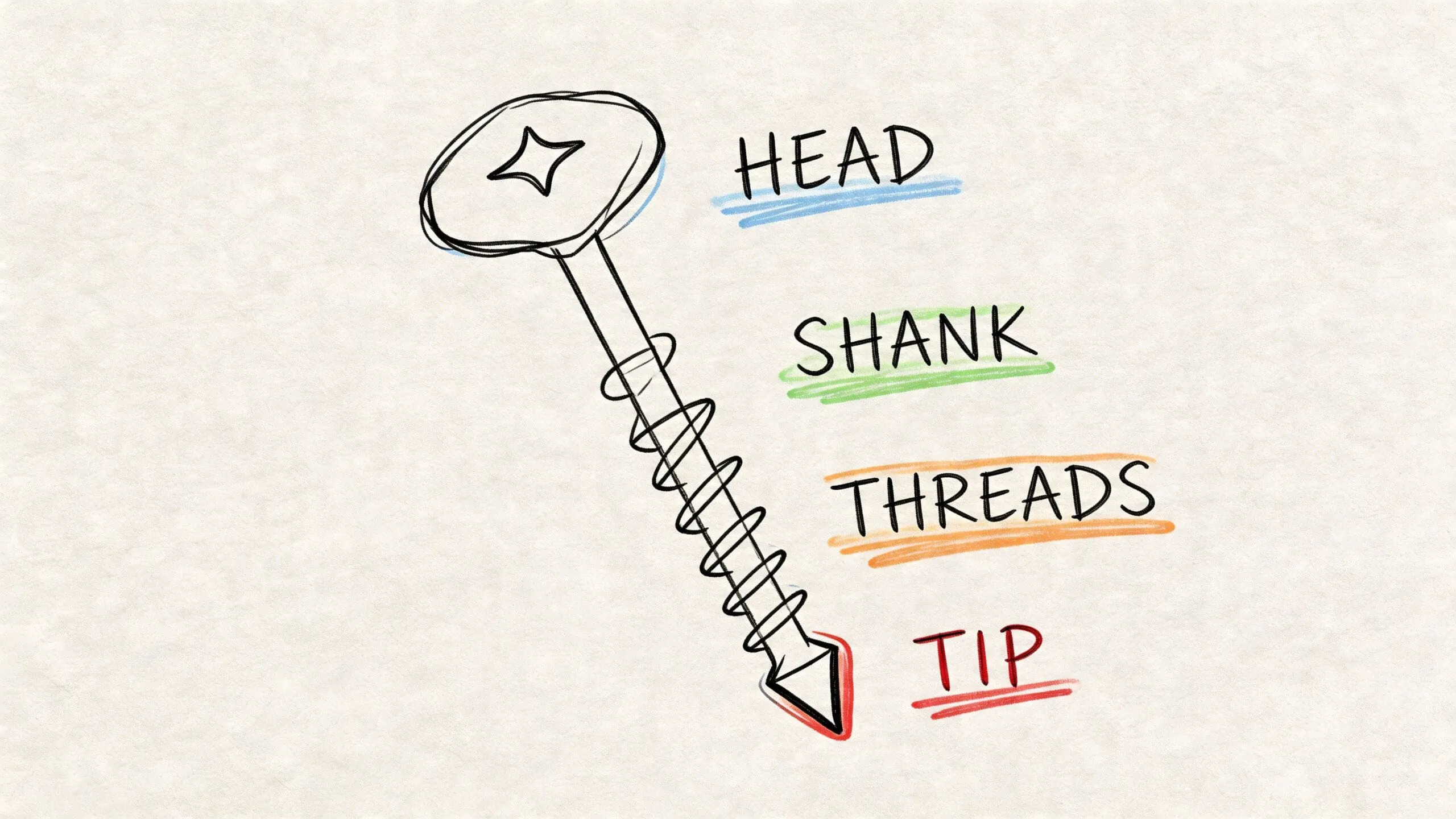 Diagrama de un tornillo de fijación ilustrado con sus partes principales etiquetadas en inglés sobre fondo texturizado.
