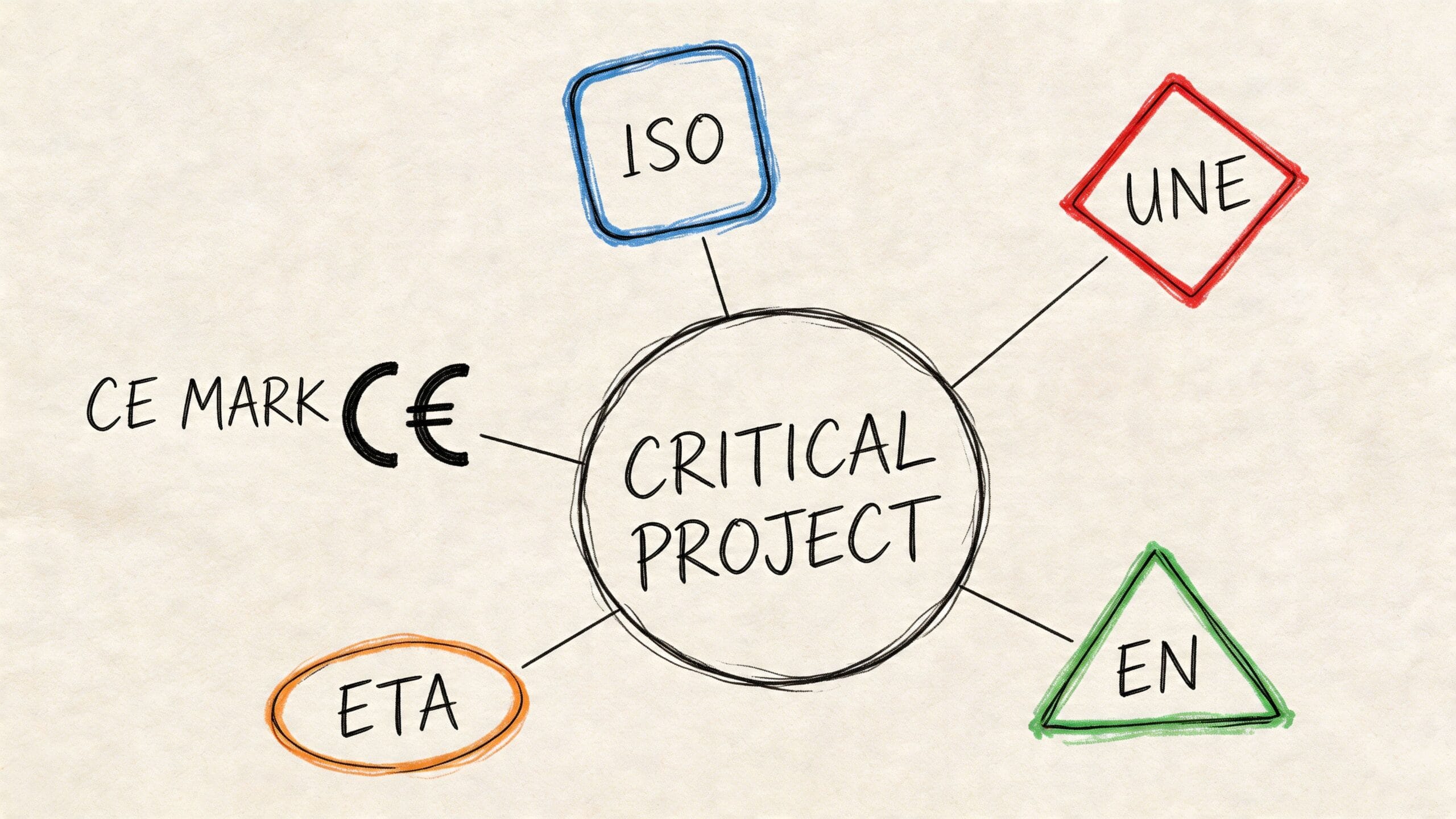 Diagrama conceptual que conecta el concepto de proyecto crítico con certificaciones técnicas y normativas internacionales.