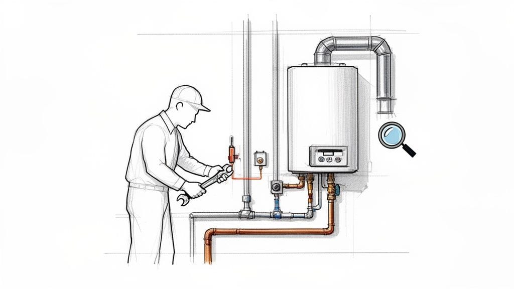 Un técnico con casco inspecciona un sistema de caldera de gas con tuberías.
