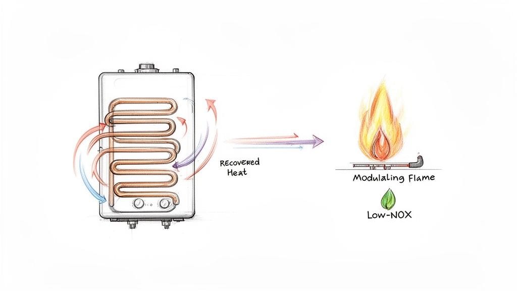 Diagrama de calentador de agua con recuperación de calor, llama modulante y baja emisión de NOx.