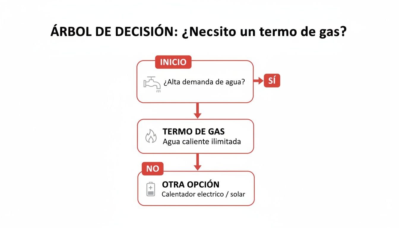 Diagrama de flujo para decidir si necesitas un termo de gas, basado en la demanda de agua caliente.