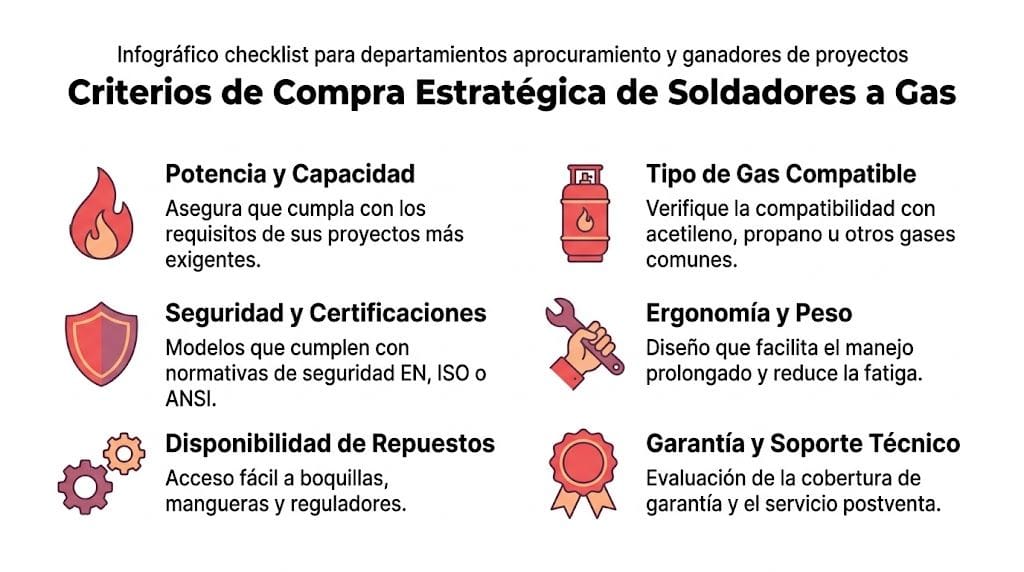 Infografía sobre criterios estratégicos para la compra de equipos de soldadura a gas profesional.