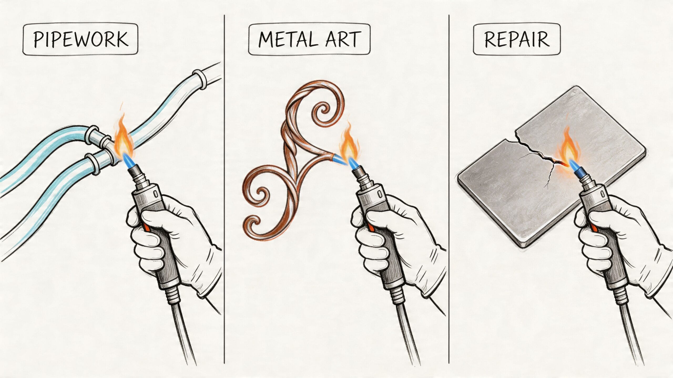 Ilustración de tres usos comunes de un soldador a gas: fontanería, arte en metal y reparaciones industriales.