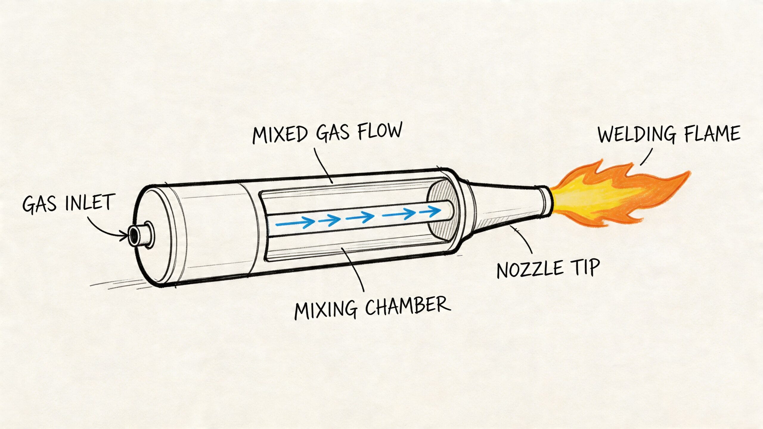 Diagrama esquemático que muestra el funcionamiento interno de un soplete de soldador a gas con llama activa.