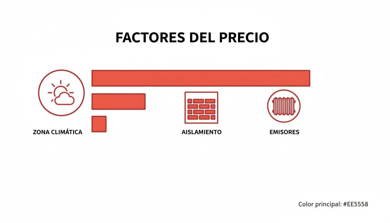 Gráfico de barras detallando los factores clave del precio: zona climática, aislamiento y emisores, con iconos representativos.
