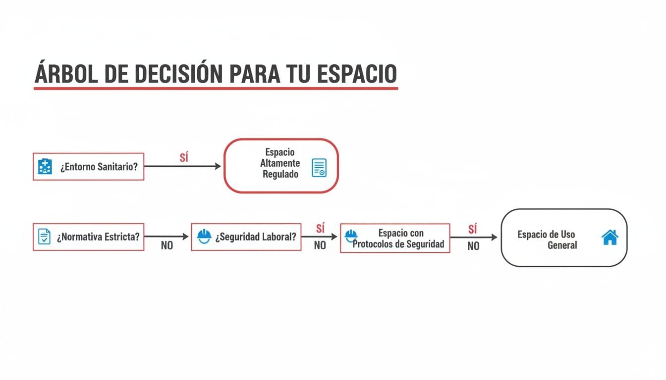 Diagrama de flujo que clasifica espacios como altamente regulados, con protocolos de seguridad o de uso general.