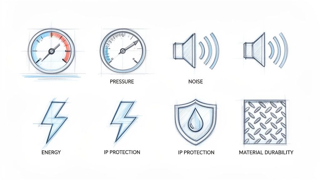 Iconos técnicos dibujados a mano: presión, ruido, energía, protección IP y durabilidad del material.