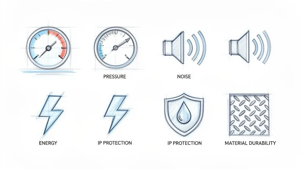 Iconos técnicos dibujados a mano: presión, ruido, energía, protección IP y durabilidad del material.